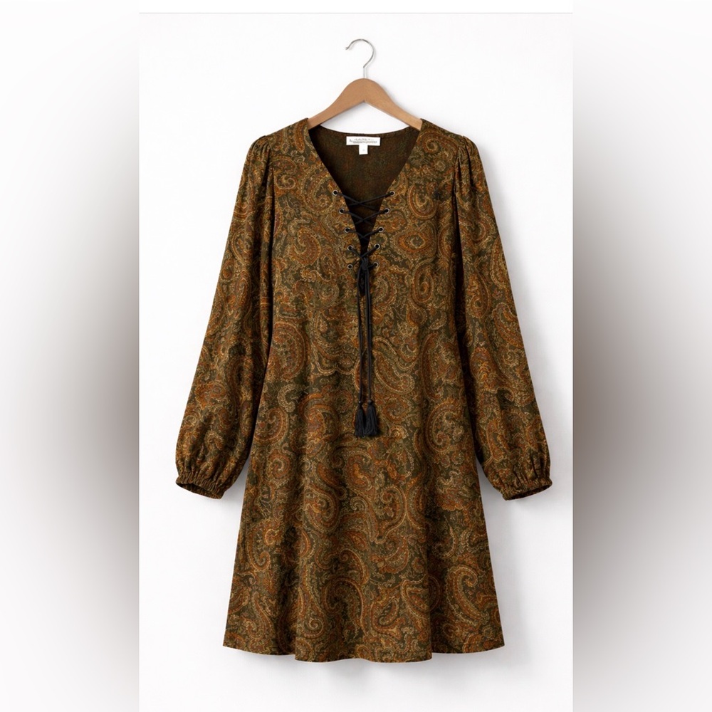 Emma & Michele Boho Cottagecore Paisley Lace-Up Mini Dress Plus Size